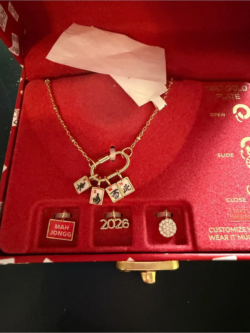 New Charmbar MahJongg Gold Tone 7 Charm Necklace Bar Link Customized Gift Box